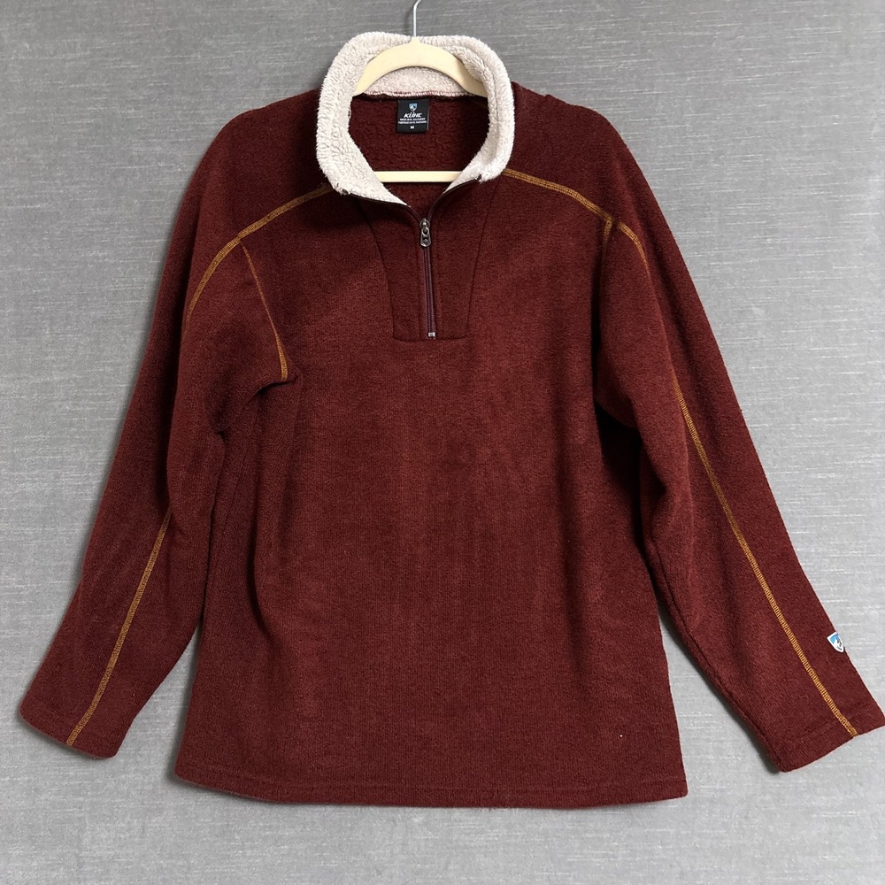 Kuhl Pullover Sweater M Red Brown Sherpa Outdoor Hiking Warm‎ Quarter Zip Casual